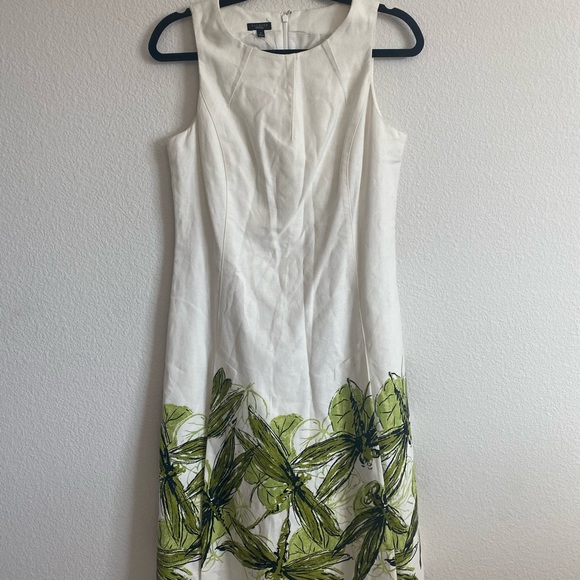 Talbots Size 8 White Green Linen Cotton Sleeveless Dragonfly Lined Dress Pockets - Picture 2 of 15